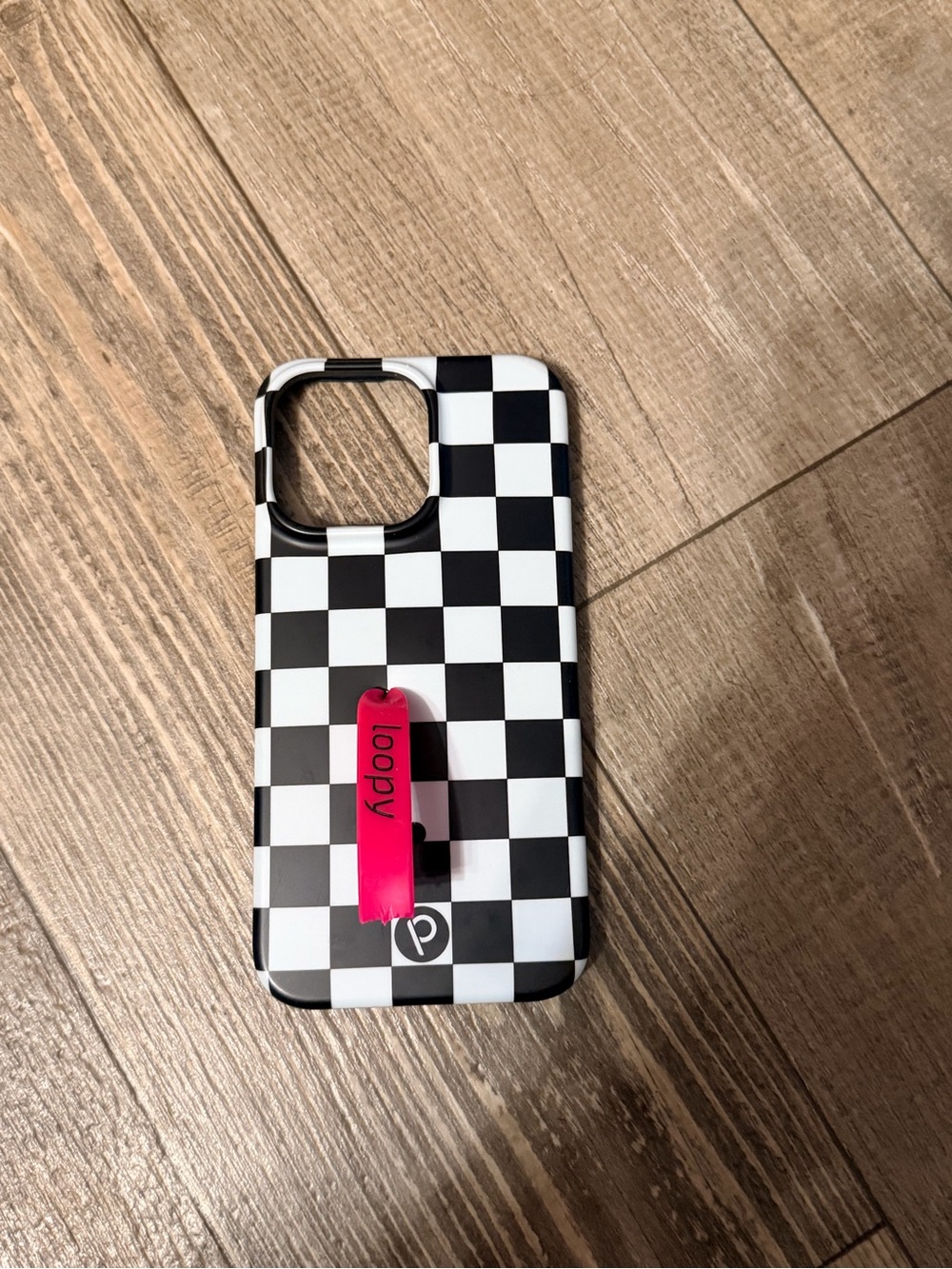 Loopy Case Black & White Checkerboard Phone Case with Hot Pink Loop